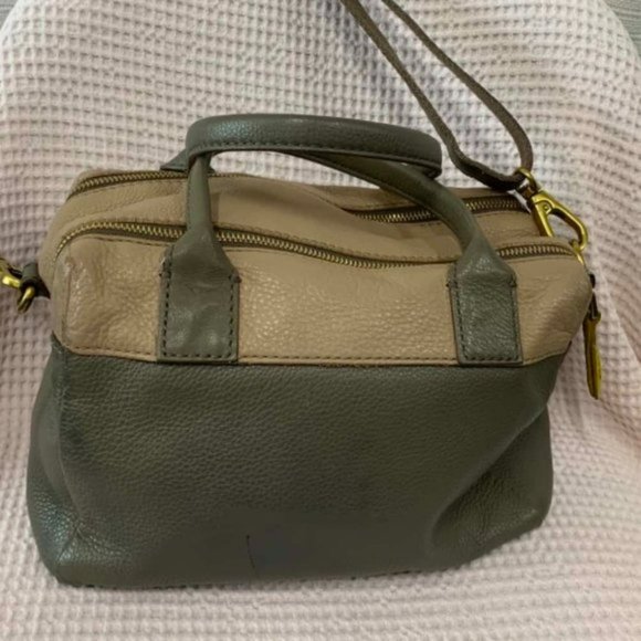 FOSSIL Erin Colourblocked Satchel Leather Khaki Beige Double Zip Carry Bag - Picture 7 of 15